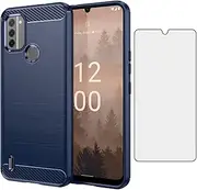 [Asuwish] Phone Case for Nokia C31 with Tempered Glass Screen Protector Cover and Cell Accessories Slim TPU Silicone Rubber Soft Hybrid Protective C 31 31C 4G NokiaC31 Women Men Carbon Fiber Blue