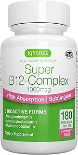Super B12-Complex 1000mcg, High Absorption Sublingual Vitamin B12 in Three Bioactive Forms with Methylcobalamin, Vegan, 180 Tablets