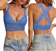 [SHEKINI] Women's Bra Without Underwire Bralette Women's Lace Removable Padded Bra Racerback Flowers Bustier Bra Tops Backless Sexy Underwear Lingerie, lightblue, XL