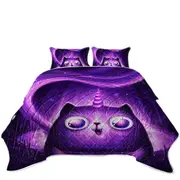 Funny Crazy Eyes Purple Unicorn Cat Coverlet