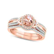 5.0mm Morganite and 0.25 CT. T.W. Natural Diamond Frame Chevron-Sides Split Shank Bridal Engagement Ring Set in Solid 10K Rose Gold