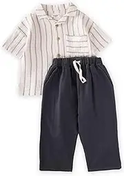 [Cigit Concept] Muslin Boys Sets With Shirt and Pants, 100% Cotton Summer 2 Pieces, Pocket Shirt and Drawstring Pants Set