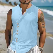 Men's Shirt Linen Shirt Summer Shirt Beach Shirt Vintage Shirt Sleeveless Shirt Plain Vacation Holiday Black White Blue Khaki Sleeveless Mandarin Collar Summer