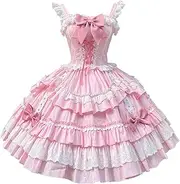 [Smiling Angel] Girls Sweet Lolita Dress Pink Layered Ruffle Dress with White Lace Trim and Bows Cosplay Costumes