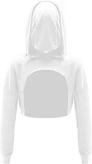 [inhzoy] Kids Girls Jazz Dance Crop Top Long Sleeve Drawstring Hooded Sheer Mesh Patchwork Shirt Performance Costume