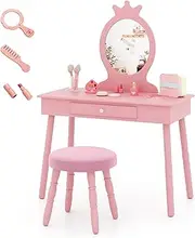 [Honey Joy] Kids Vanity Set with Real Mirror & Cushioned Stool, Crown Shape Princess Makeup Dressing Table Stool Set with Drawer & Solid Wood Legs, Wooden Vanity Set for Little Girls (Pink)