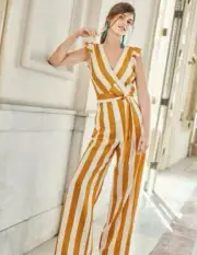 Boden - Mila Stripe Jumpsuit - Yellow Ochre - Size 12 - NEW - 100% Linen