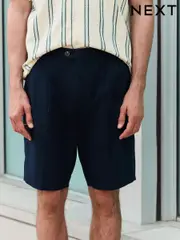 Navy Blue Smart Cotton Blend Side Adjuster Shorts With Linen and Lyocell (E71560) | $66