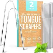 Tongue Scraper (2-pack), Cure Bad Breath (Medical Grade), Stainless Steel Tongue Cleaners, 100% BPA Free Metal Tongue Scrapers for Fresher Breath in Seconds (Silver Gray)