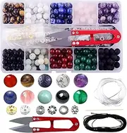 Stone Beads Box Set Kits 240pcs 8mm Round Loose Gemstone Natural Amethyst Lava Stone Amazonlite Assorted Color with Accessories Tools for Bracelet Jewelry Making (Stone Beads Kits)