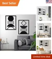 Sleek Black Metal Wall Art Set - 3D Geometric Minimalist Design for Living Room