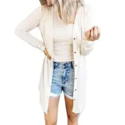 Women's Casual Open Front Knit Cardigans Long Sleeve Plush Sweater Coat- White