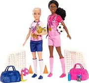 Careers Dolls & 15 Accessories, Soccer Player Playset with Barbie “Brooklyn” & Blonde Petite Player Dolls, 2 Nets, 2 Balls & More
