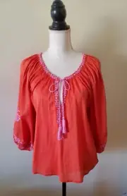 Nicole Miller Womens M Peasant Top Embroidered Cotton Keyhole Neck Orange - FLAW