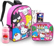 Sanrio Backpack with Lunch Bag Featuring Hello Kitty, My Melody, Keroppi - Bundle with 16” Hello Kitty and Friends Backpack, Lunch Box, Water Bottle, Tattoos, More | Sanrio School Bag Set, Multicolor,