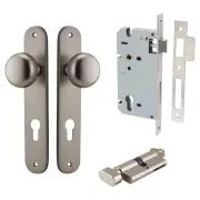 Cambridge Knob Oval Backplate Entrance Kit w High Security Lock Satin Nickel