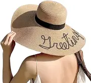 [Bamboopack] Women Wide Brim Sun Straw Hat Summer Sun Protection Hat Foldable Roll Up Floppy Beach Cap Hat with Fashion Embroidery for Travel Beach Holiday(Khaki)