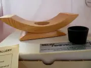 Kovecses Ikebana Curly Maple Wood Vessel UNUSED 8 5/8" x 3" w Metal Flower Frog