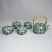 Celadon 2 Cup Teapot With Bamboo Handle And 4 Teacups With Lids