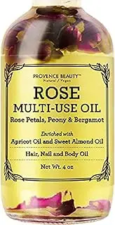 Provence Beauty Rose Multi-Use Oil for Face, Body and Hair - Organic Blend of Apricot, Vitamin E and Sweet Almond Oil Moisturizer for Dry Skin, Scalp & Nails - Rose Petals & Bergamot Essential Oil - 4 Fl Oz