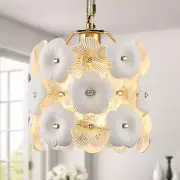 Gold Glass Pendant Light with White Ceramic Flowers, 1-Pack Luxury Small Ceiling