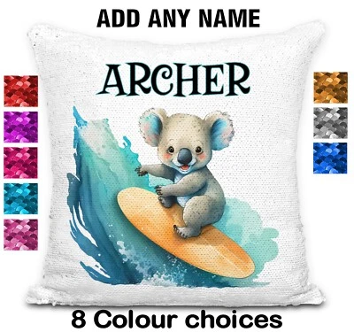 Koala Bear Surfing Cushion Cover Throw Pillow Reversible Sequins Personalised