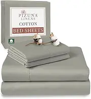 Pizuna Cotton Queen Sheet Set, 500 Thread Count 100% Combed Cotton Sateen Weave Queen Bed Sheet Set Include 1 Fitted Sheet, 1 Flat Sheet & 2 Pillow Cases (Antique Silver Sheet Set - 4 PC)
