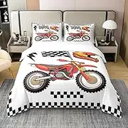 Feelyou Dirt Bike 100% Cotton Duvet Cover Full Size Kids Extreme Sports Check Flag Comforter Cover Set Boys Girls Teens Helmet Black White Plaid Bedding Set Motorcycle Bedspread Cover