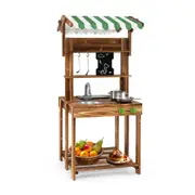 Costway Double-Sided Mud Kitchen Play Set Wooden Barbecue Grill Playset w/Canopy & Chalkboard Pretend Toys