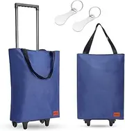 MOONCY 2 in 1 Shopping Trolley, 30L Large Folding Shopping Bag on Wheels, Lightweight Foldable Grocery Trolleys for Camping Traveling and Laundry, Blue