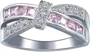[Bigood] Women's Cross Crystal CZ Band Rings in Plated 925 Sterling Silver (Pink)