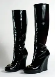 US 6❤️GUCCI Horsebit KNEE HIGH HEELS WEDGE PLATFORM BLACK PATENT LEATHER BOOTS