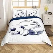 jejeloiu Mixed Ball Bedding Set Twin Size Gaming Sports Comforter Cover Set for Boys Girls Teens Basketball Duvet Cover Football Bedspread Cover Room Decor White Quilt Cover，No Comforter