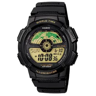 【CASIO】10年電力飛行時光地圖膠帶電子錶-黃面 (AE-1100W-1B) (10折)