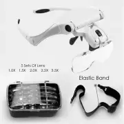 Head Mounted Magnifying Glass 2 LED Light Hands-free Headband Magnifier w/5 Lens