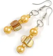 [Avalaya] Yellow Coloured Glass and Shell Bead Drop Earrings - 60mm Length, One Size, Glass sea shell