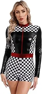 [Raenseen] Women Metallic Speed Car Driver Jumpsuit Long Sleeve Checkerboard Leotards Bodysuit For Halloween Fancy Dress