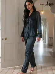 Pour Moi Black Dusk Satin and Lace Revere Collar Pyjama Set (AC8374) | $108