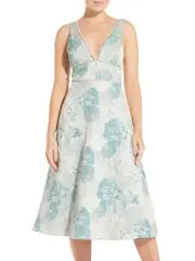 AIDAN MATTOX Womens Zippered Sleeveless V Neck Midi Cocktail Fit + Flare Dress