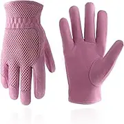 HANDLANDY Leather Gardening Gloves for Women, 3D Mesh Comfort Fit, Scratch Resistance Garden Working Gloves for Vegetable or Pruning Roses, Pigskin Palm + 3D Mesh Back, Pink, Small
