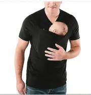 Rhafayre Men's Baby Strap Shirt, V Neck Short Sleeve Kangaroo T Shirt, Comfortable Breathable Cotton Kangaroo Shirt for dad and Baby black M
