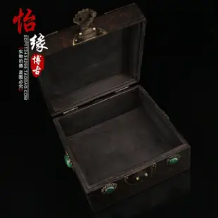 古玩古董木雕 黑檀木鑲嵌寶石首飾盒 古典懷舊老物件收藏品