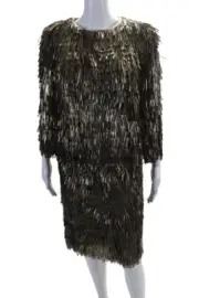 Salvatore Ferragamo Womens Leather Fringe Pencil Skirt Set Gold Size EUR 44