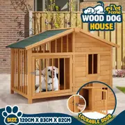 Large Dog House Kennel Crate Box Wooden Cabin Raised Cat Puppy Cage Pet House Shelter Outdoor Villa Porch Weatherproof Asphalt Roof Door Lock
