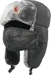 [CurcKua] Trapper Hat with Detachable Mask Waterproof Windproof Thermal Russian Hat with Badge Faux Fur Free Size Unisex Russian Hat for Outdoor Soviet Hat Russian Hat Hat with Ear Flaps Winter Hats