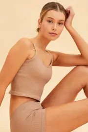 Beige Seamless Singlet Top Scoop Neck Rib Crop - Size M, Women's Tank