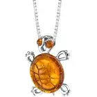 Genuine Baltic Amber Gemstone Turtle Pendant Necklace in Sterling Silver