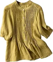 Casual Cotton Tops Women Color Pleated Cotton and Linen Top Shirt Button T Shirt Hike Long Sleeve Shirt