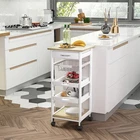 Indoor Moving Microwave Cart w/ Slide-Out Wire Storage Basket & Wheels, White