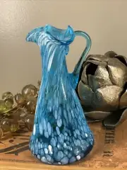 Stunning Ocean Turquoise Spotted Italian HANDBLOWN Glass 5” Pitcher, Art Glass